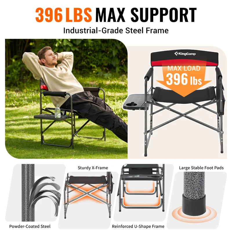 KingCamp ASH B10 Heavy Duty Director's Chair | Oversized 396lb Capacity Camping Chair with Foldable Side Table & Detachable Pocket