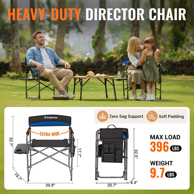 KingCamp ASH B10 Heavy Duty Director's Chair | Oversized 396lb Capacity Camping Chair with Foldable Side Table & Detachable Pocket