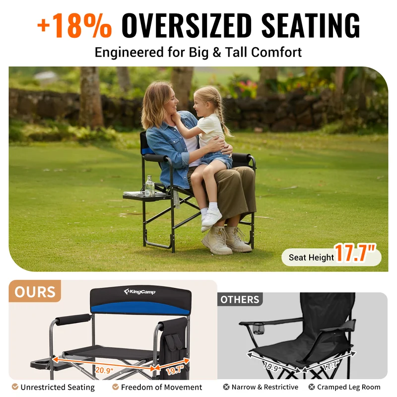KingCamp ASH B10 Heavy Duty Director's Chair | Oversized 396lb Capacity Camping Chair with Foldable Side Table & Detachable Pocket
