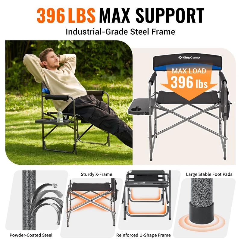 KingCamp ASH B10 Heavy Duty Director's Chair | Oversized 396lb Capacity Camping Chair with Foldable Side Table & Detachable Pocket