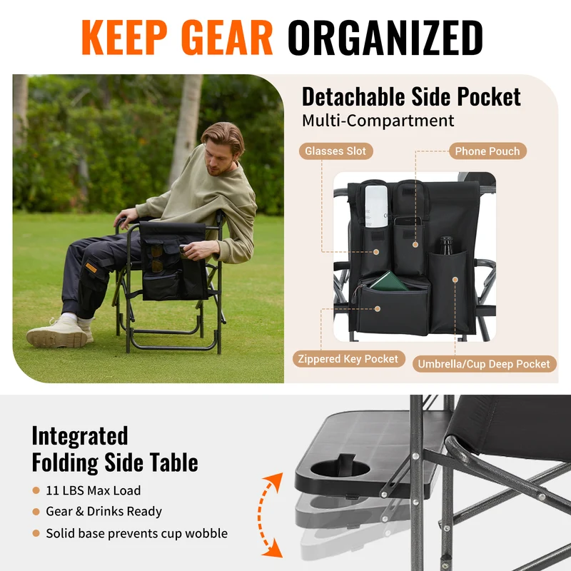 KingCamp ASH B10 Heavy Duty Director's Chair | Oversized 396lb Capacity Camping Chair with Foldable Side Table & Detachable Pocket