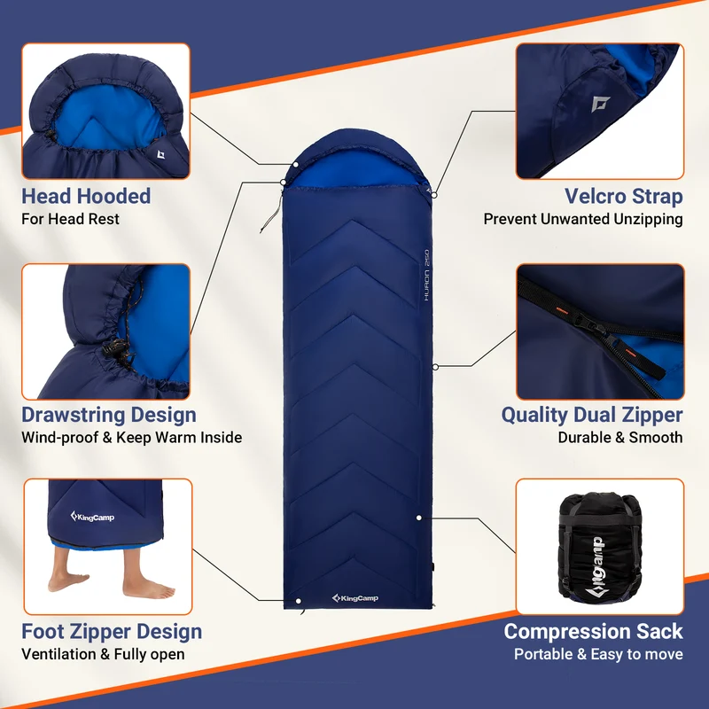 KingCamp HURON 250 Sleeping Bag | 3-Season Envelope Bag with Hood