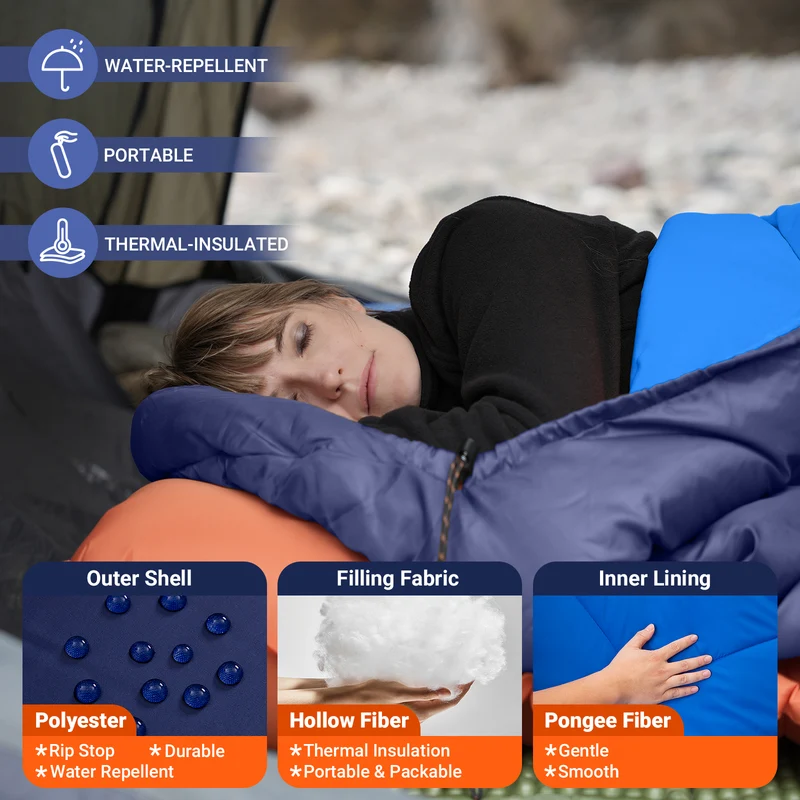 KingCamp HURON 250 Sleeping Bag | 3-Season Envelope Bag with Hood