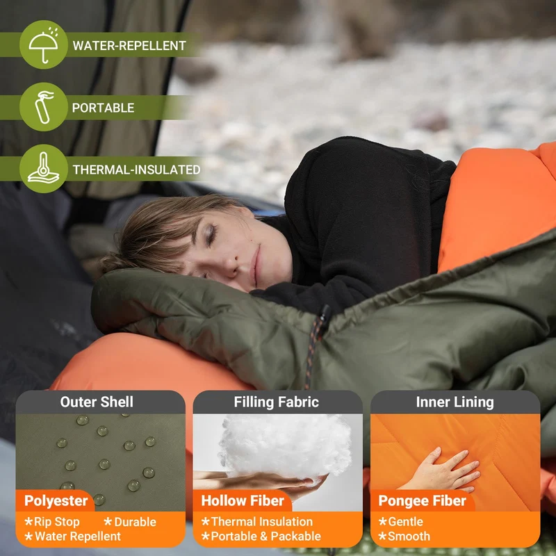 KingCamp HURON 250 Sleeping Bag | 3-Season Envelope Bag with Hood