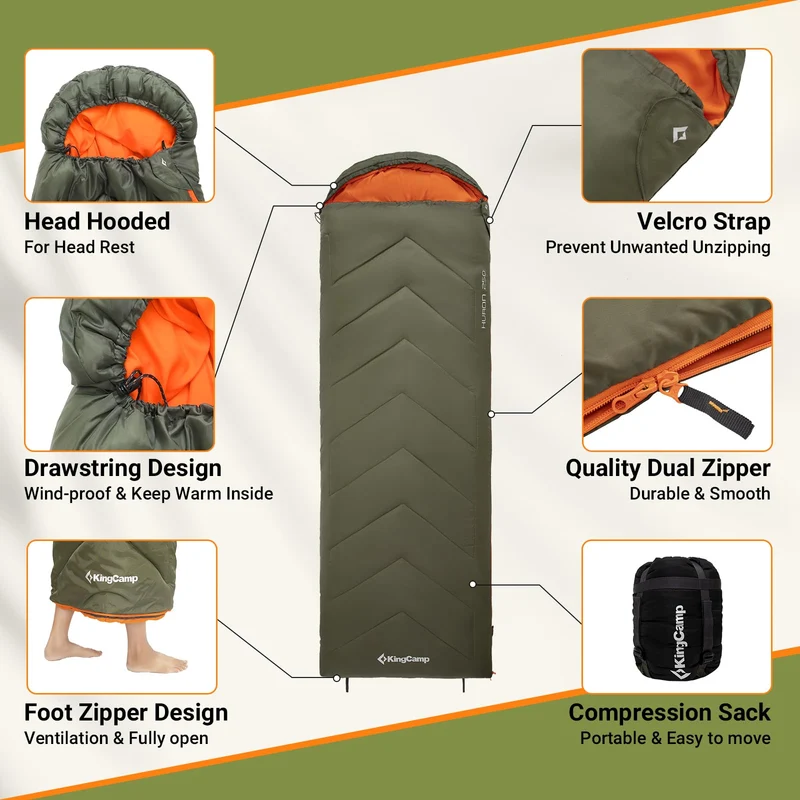 KingCamp HURON 250 Sleeping Bag | 3-Season Envelope Bag with Hood