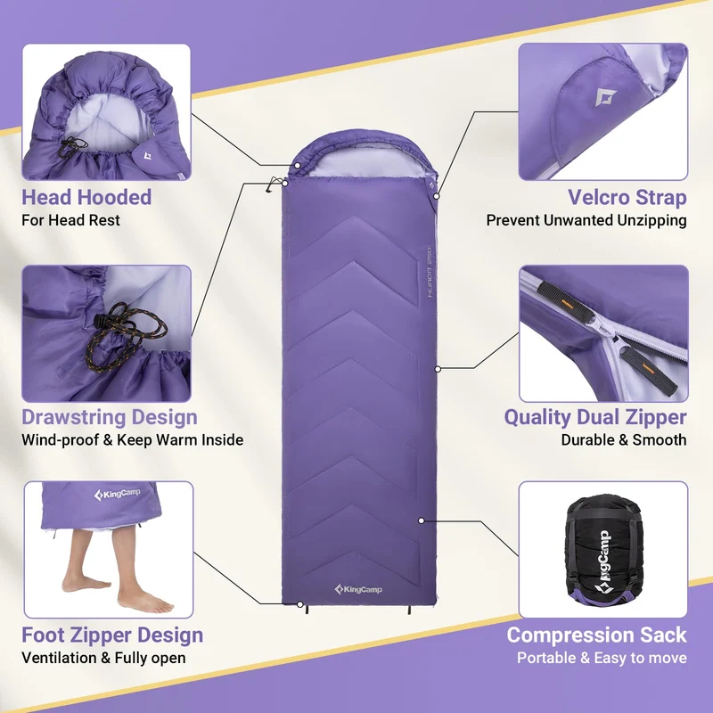KingCamp HURON 250 Sleeping Bag | 3-Season Envelope Bag with Hood