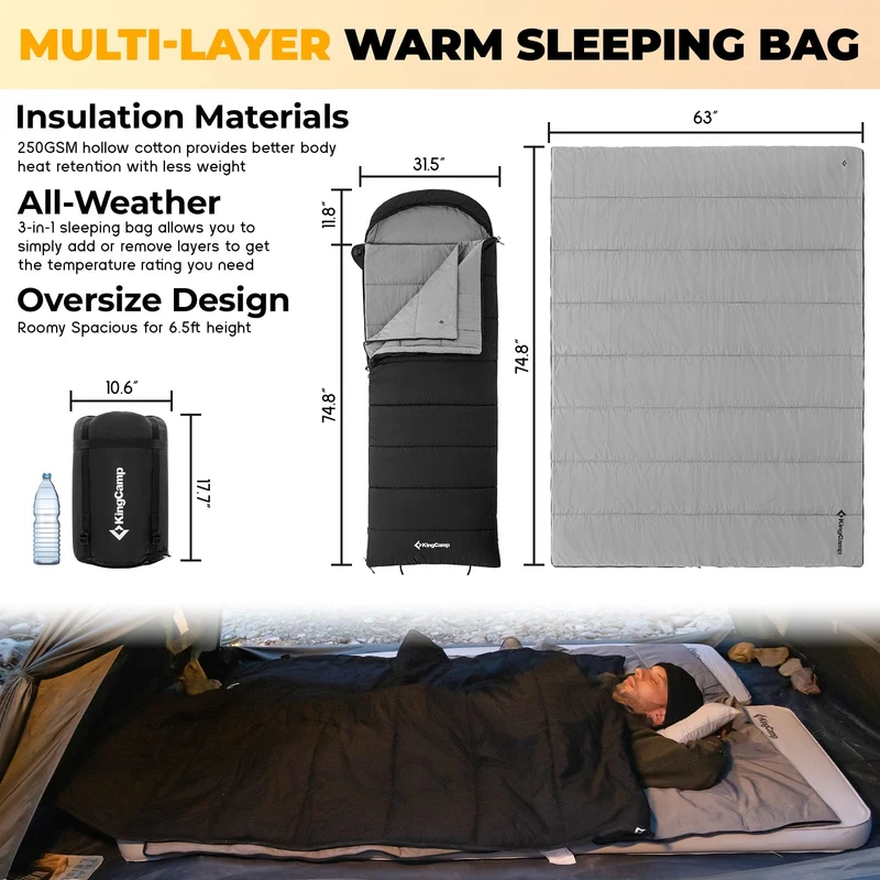 KingCamp KAUAI 400 32°F 3-in-1 Sleeping Bag with Removable Blanket, Flannel Lining Hooded Camping Sleeping Bag