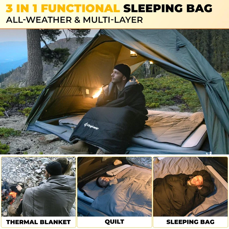 KingCamp KAUAI 400 32°F 3-in-1 Sleeping Bag with Removable Blanket, Flannel Lining Hooded Camping Sleeping Bag