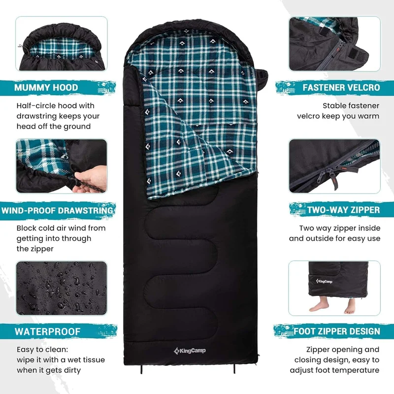 KingCamp CLOUDY 300 Flannel Lined Sleeping Bag – 300g Insulated, Waterproof & Extra Wide