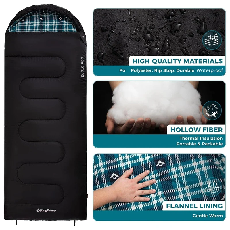 KingCamp CLOUDY 300 Flannel Lined Sleeping Bag – 300g Insulated, Waterproof & Extra Wide