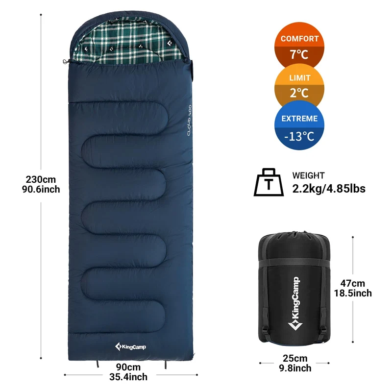 KingCamp CLOUDY 300 Flannel Lined Sleeping Bag – 300g Insulated, Waterproof & Extra Wide