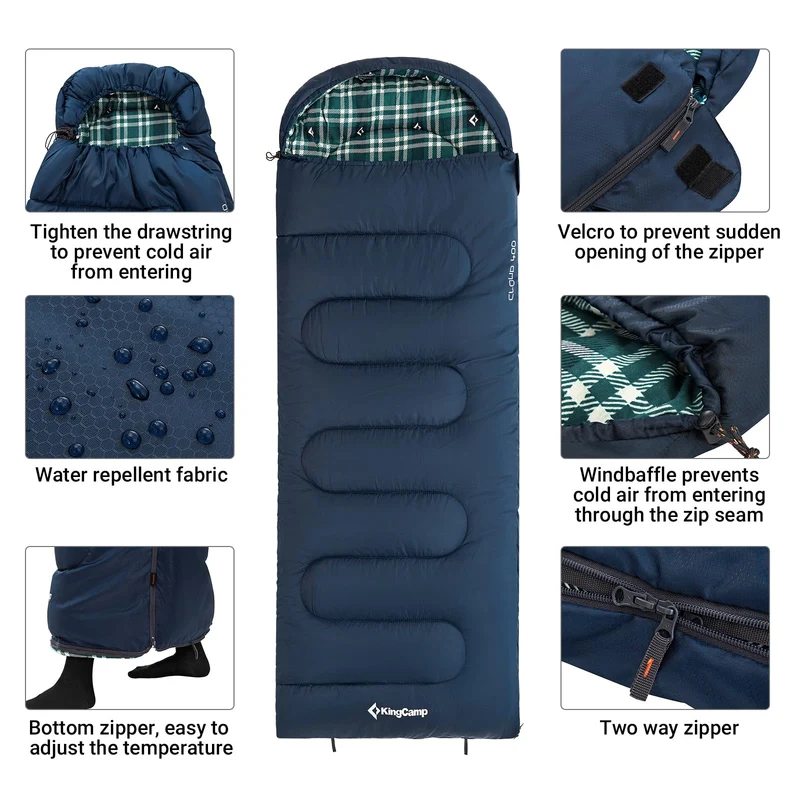 KingCamp CLOUDY 300 Flannel Lined Sleeping Bag – 300g Insulated, Waterproof & Extra Wide