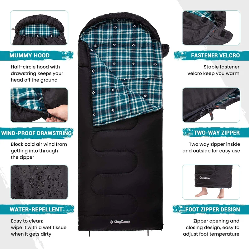 KingCamp CLOUDY 300 Flannel Lined Sleeping Bag – 300g Insulated, Waterproof & Extra Wide