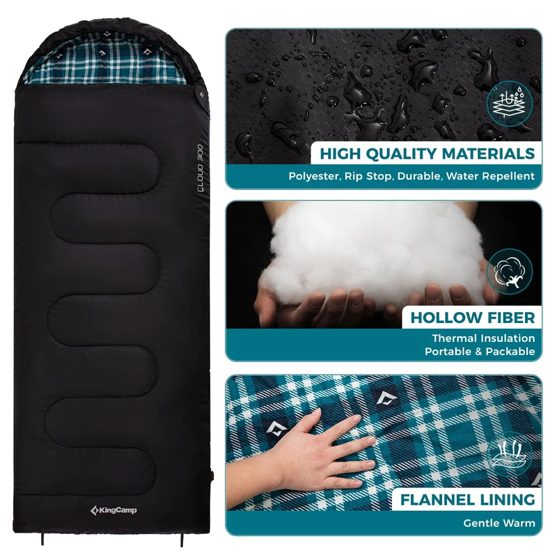 KingCamp CLOUDY 300 Flannel Lined Sleeping Bag – 300g Insulated, Waterproof & Extra Wide