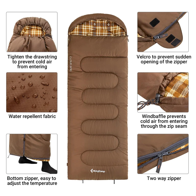 KingCamp CLOUDY 300 Flannel Lined Sleeping Bag – 300g Insulated, Waterproof & Extra Wide