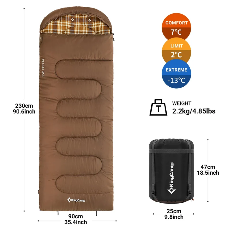 KingCamp CLOUDY 300 Flannel Lined Sleeping Bag – 300g Insulated, Waterproof & Extra Wide