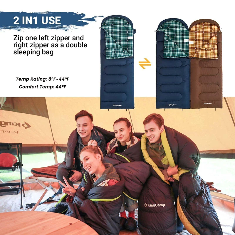 KingCamp CLOUDY 300 Flannel Lined Sleeping Bag – 300g Insulated, Waterproof & Extra Wide
