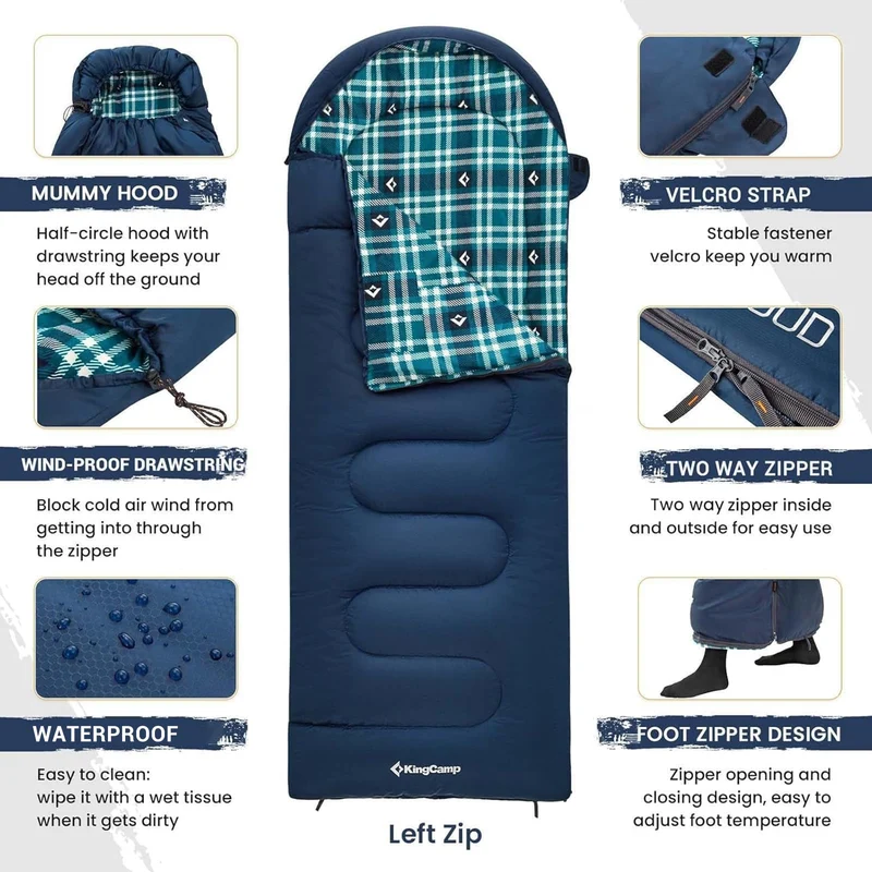 KingCamp CLOUDY 300 Flannel Lined Sleeping Bag – 300g Insulated, Waterproof & Extra Wide