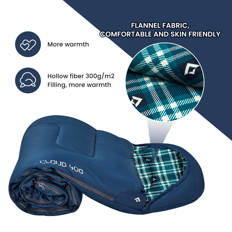 KingCamp CLOUDY 300 Flannel Lined Sleeping Bag – 300g Insulated, Waterproof & Extra Wide