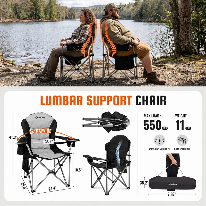 KingCamp JUNIPER C10 PLUS Heavy Duty Folding Camping Chair | 550lb Capacity Oversized Camp Chair with Lumbar Support