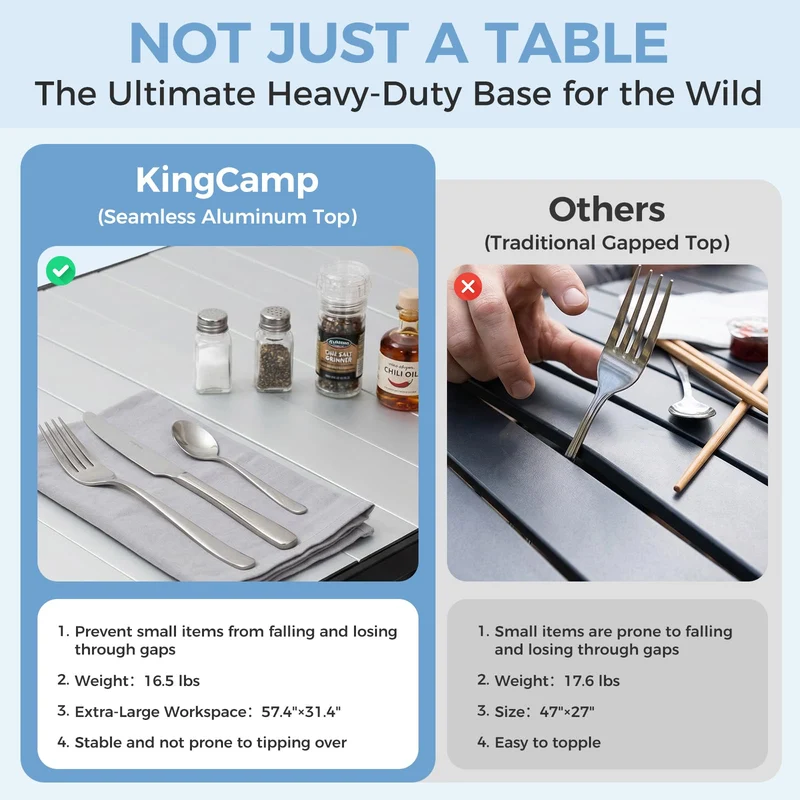 KingCamp AluVenture Aluminum Camping Table, Heavy Duty Roll Top Folding Camp Table with Adjustable Feet & Carry Bag