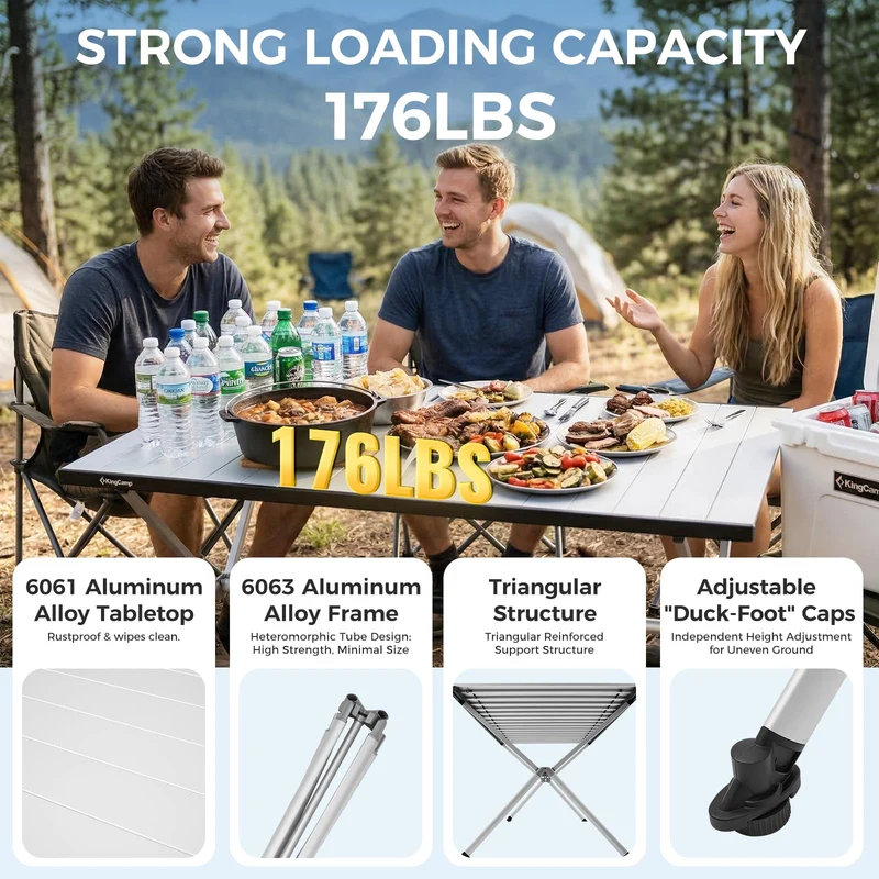 KingCamp AluVenture Aluminum Camping Table, Heavy Duty Roll Top Folding Camp Table with Adjustable Feet & Carry Bag