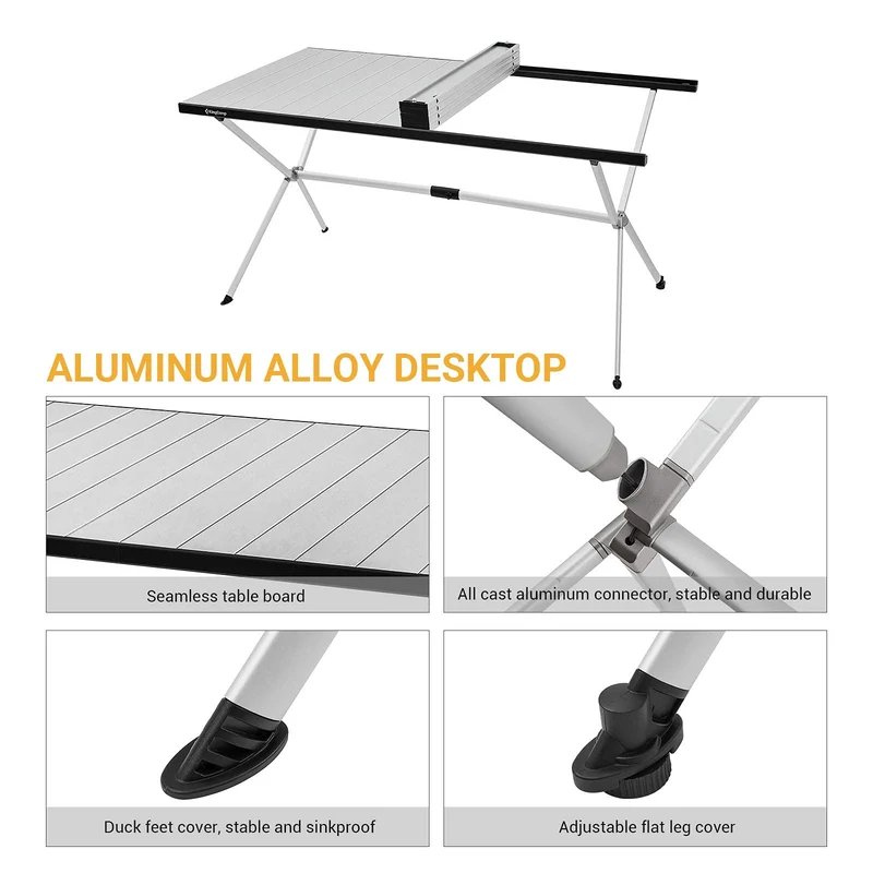 KingCamp AluVenture Aluminum Camping Table, Heavy Duty Roll Top Folding Camp Table with Adjustable Feet & Carry Bag