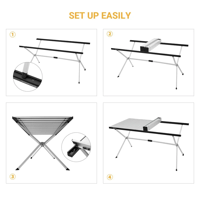 KingCamp AluVenture Aluminum Camping Table, Heavy Duty Roll Top Folding Camp Table with Adjustable Feet & Carry Bag