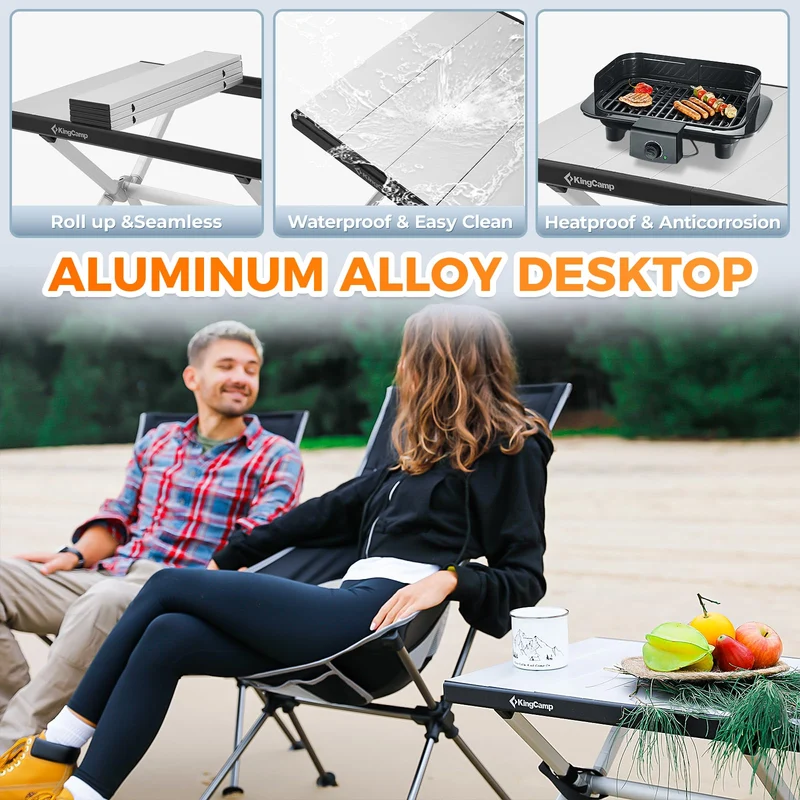 KingCamp AluVenture Aluminum Camping Table, Heavy Duty Roll Top Folding Camp Table with Adjustable Feet & Carry Bag