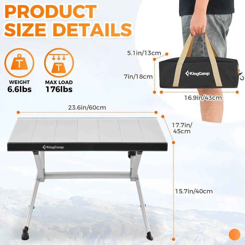 KingCamp AluVenture Aluminum Camping Table, Heavy Duty Roll Top Folding Camp Table with Adjustable Feet & Carry Bag