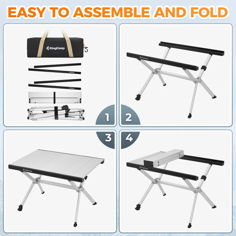 KingCamp AluVenture Aluminum Camping Table, Heavy Duty Roll Top Folding Camp Table with Adjustable Feet & Carry Bag
