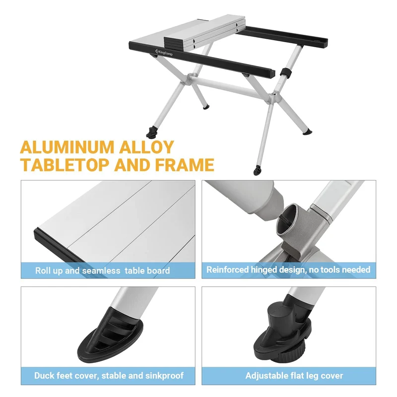 KingCamp AluVenture Aluminum Camping Table, Heavy Duty Roll Top Folding Camp Table with Adjustable Feet & Carry Bag