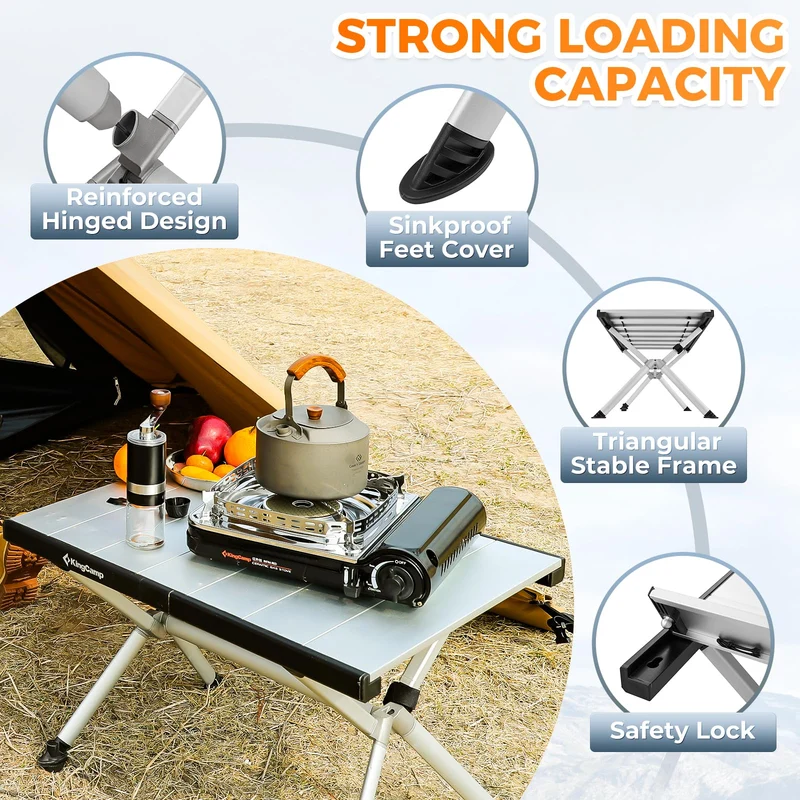 KingCamp AluVenture Aluminum Camping Table, Heavy Duty Roll Top Folding Camp Table with Adjustable Feet & Carry Bag
