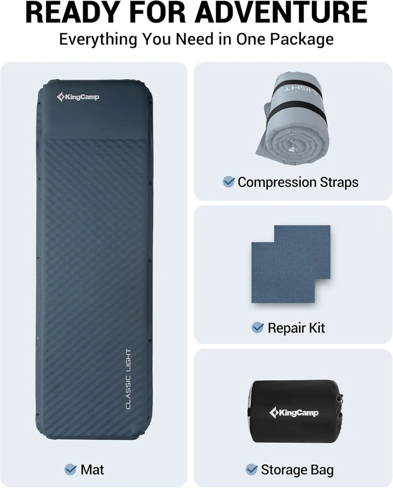 KingCamp Classic Light Self-Inflating Sleeping Pad – 2in Thick, Built-in Pillow, Compact for Backpacking & Camping