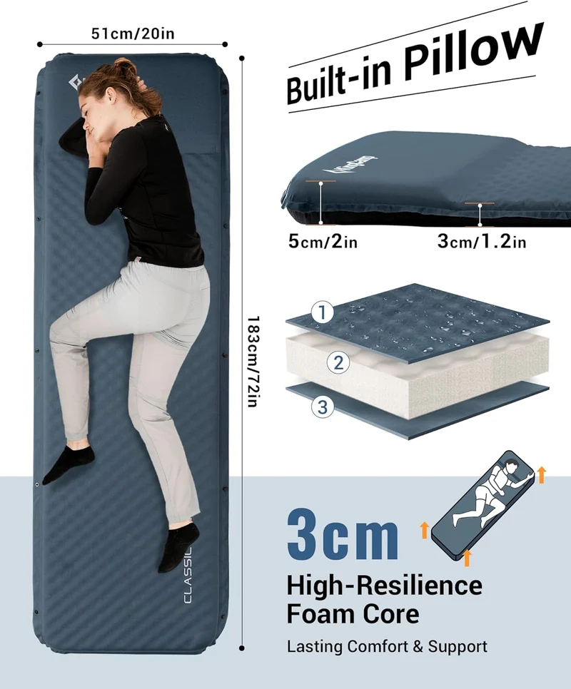 KingCamp Classic Light Self-Inflating Sleeping Pad – 2in Thick, Built-in Pillow, Compact for Backpacking & Camping
