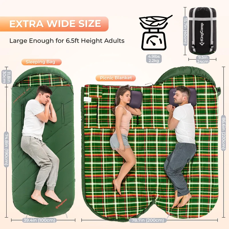 KingCamp FREESPACE 300 Wearable Sleeping Bag – Waterproof, Extra Wide Flannel Camping Sleeping Bag