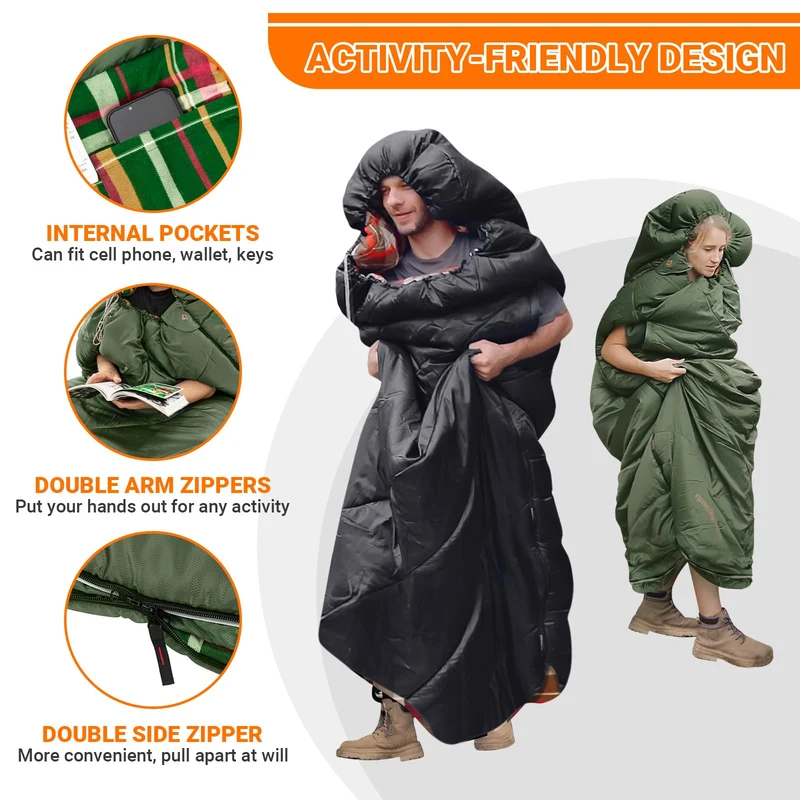 KingCamp FREESPACE 300 Wearable Sleeping Bag – Waterproof, Extra Wide Flannel Camping Sleeping Bag