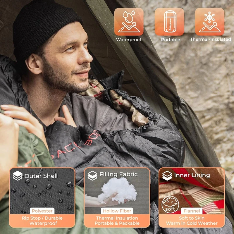KingCamp FREESPACE 300 Wearable Sleeping Bag – Waterproof, Extra Wide Flannel Camping Sleeping Bag