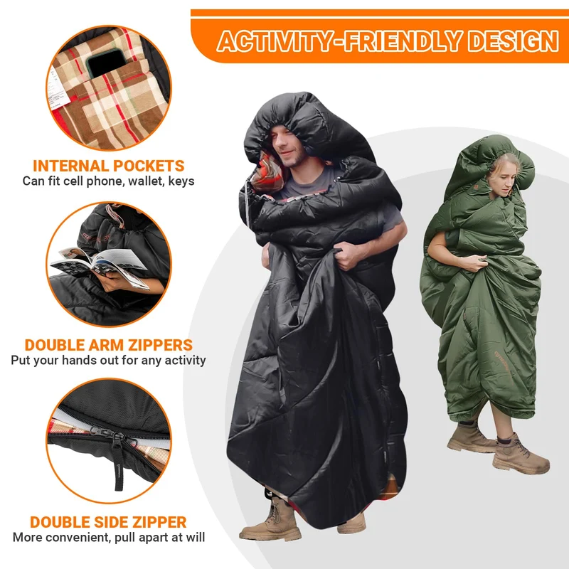 KingCamp FREESPACE 300 Wearable Sleeping Bag – Waterproof, Extra Wide Flannel Camping Sleeping Bag