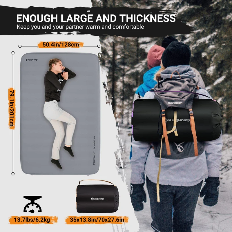 KingCamp PREMIUM SUPER 15 Double Self-Inflating Sleeping Pad | R-Value 15.5 Extreme Insulation, 5.9" Thick 2-Person Camping Mattress