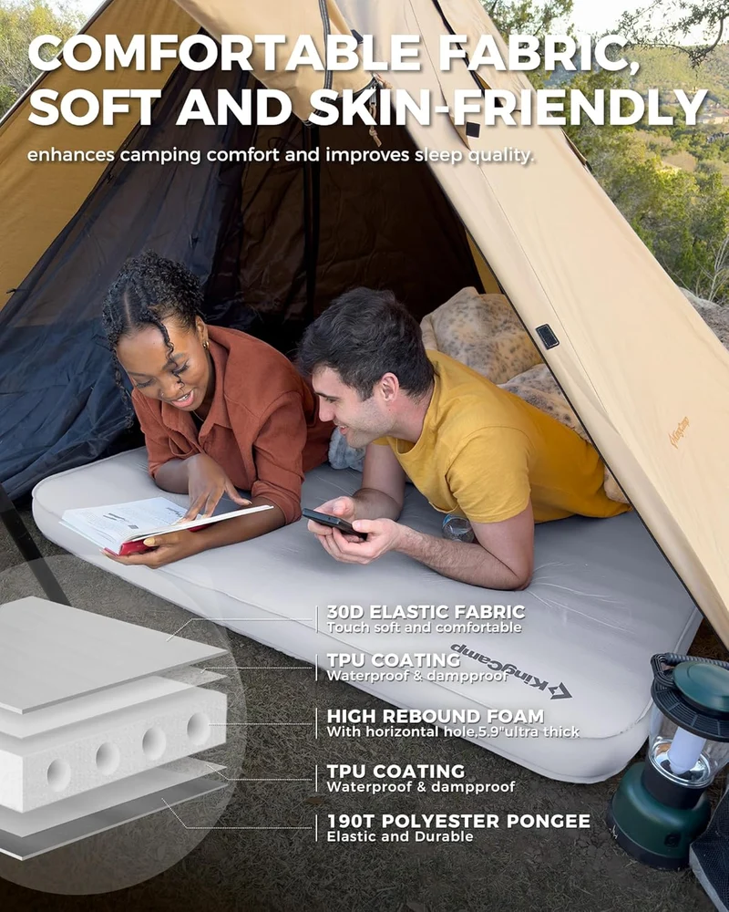 KingCamp PREMIUM SUPER 15 Double Self-Inflating Sleeping Pad | R-Value 15.5 Extreme Insulation, 5.9" Thick 2-Person Camping Mattress