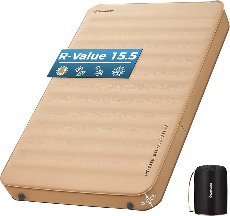 KingCamp PREMIUM SUPER 15 Double Self-Inflating Sleeping Pad | R-Value 15.5 Extreme Insulation, 5.9" Thick 2-Person Camping Mattress