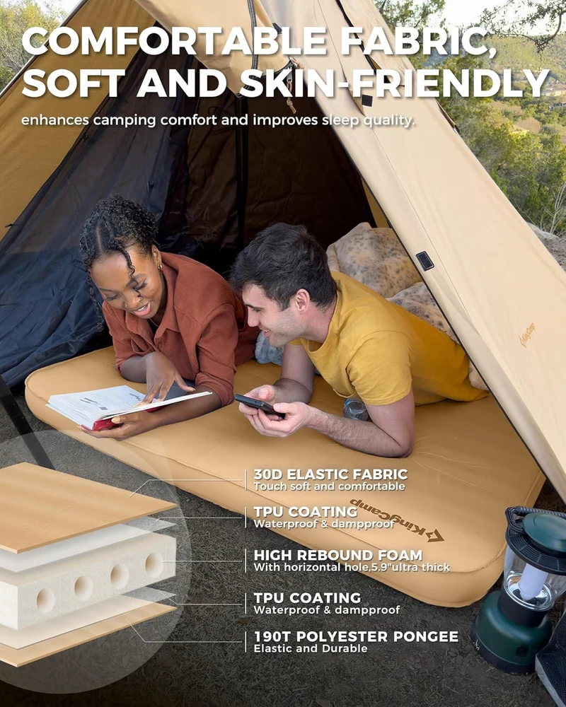 KingCamp PREMIUM SUPER 15 Double Self-Inflating Sleeping Pad | R-Value 15.5 Extreme Insulation, 5.9" Thick 2-Person Camping Mattress
