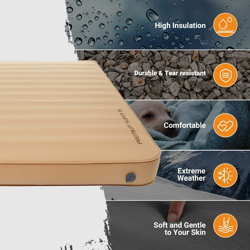 KingCamp PREMIUM SUPER 15 Double Self-Inflating Sleeping Pad | R-Value 15.5 Extreme Insulation, 5.9" Thick 2-Person Camping Mattress