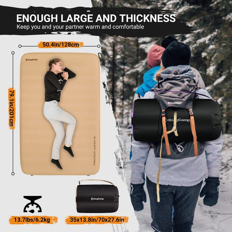 KingCamp PREMIUM SUPER 15 Double Self-Inflating Sleeping Pad | R-Value 15.5 Extreme Insulation, 5.9" Thick 2-Person Camping Mattress