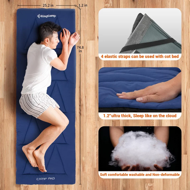 KingCamp CAMP PAD 350 Camping Cot Pad, Lightweight Quilted Sleeping Mat with Elastic Straps, Machine Washable, 75" x 25"