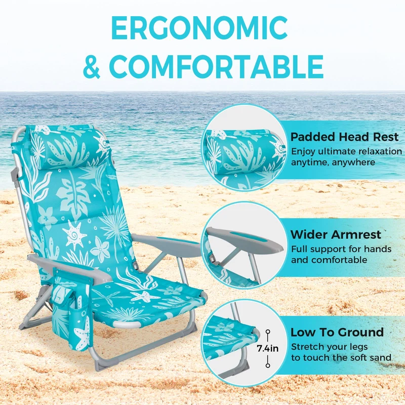 WEJOY Adjustable Beach Chair with Cup Holder and Padded Headrest