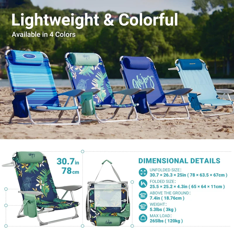WEJOY Adjustable Beach Chair with Cup Holder and Padded Headrest