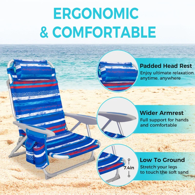 WEJOY Adjustable Beach Chair with Cup Holder and Padded Headrest