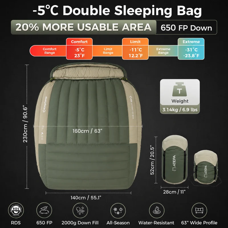 ATEPA PROMOTER 2000 Double Mummy Down Sleeping Bag, 650 Fill Power Duck Down 2-Person Sleeping Bag, 23°F ISO Comfort, YKK Zippers & Compression Sack